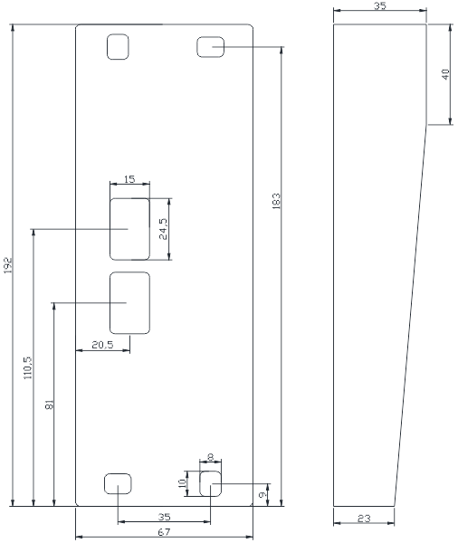 Schemat wymiarów panelu 6025/ZK-RF-OND